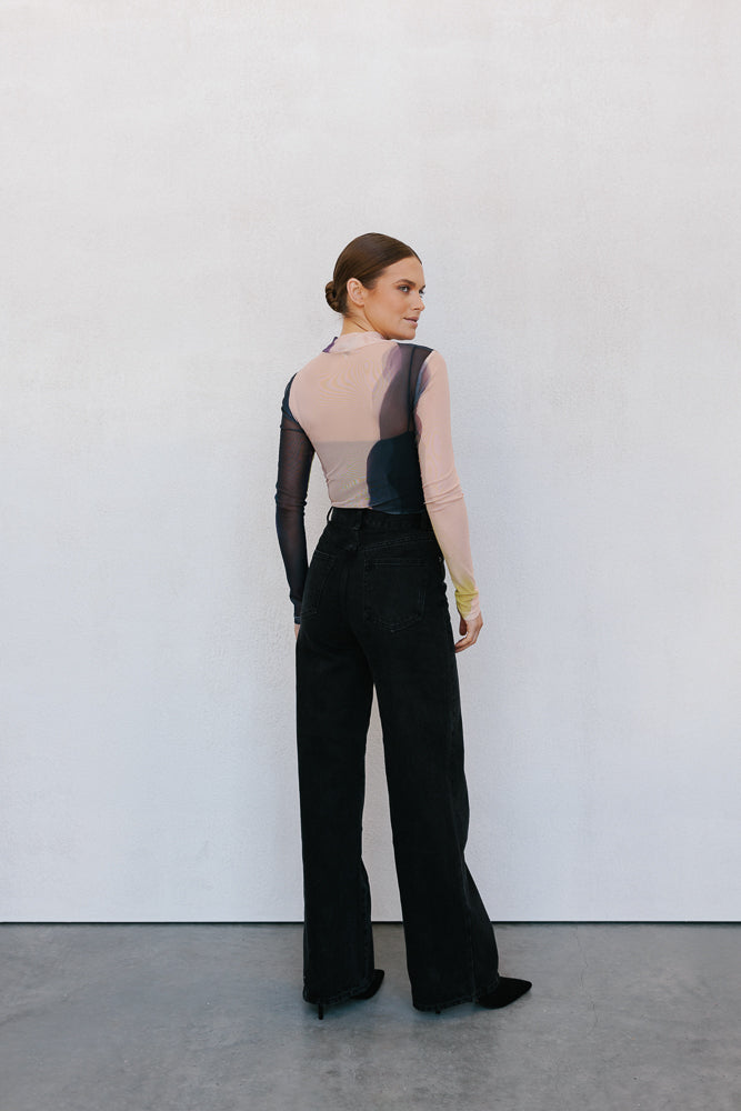 Beau Long-sleeve Top - Watercolour Print Mesh