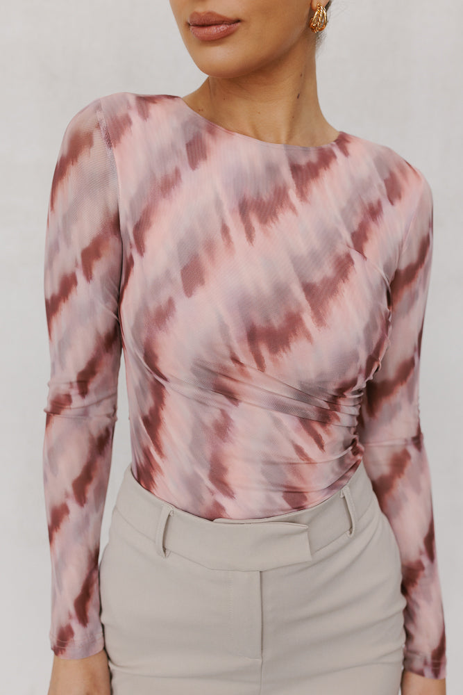 Genevieve Long-sleeve Top - Berry Watercolour Mesh