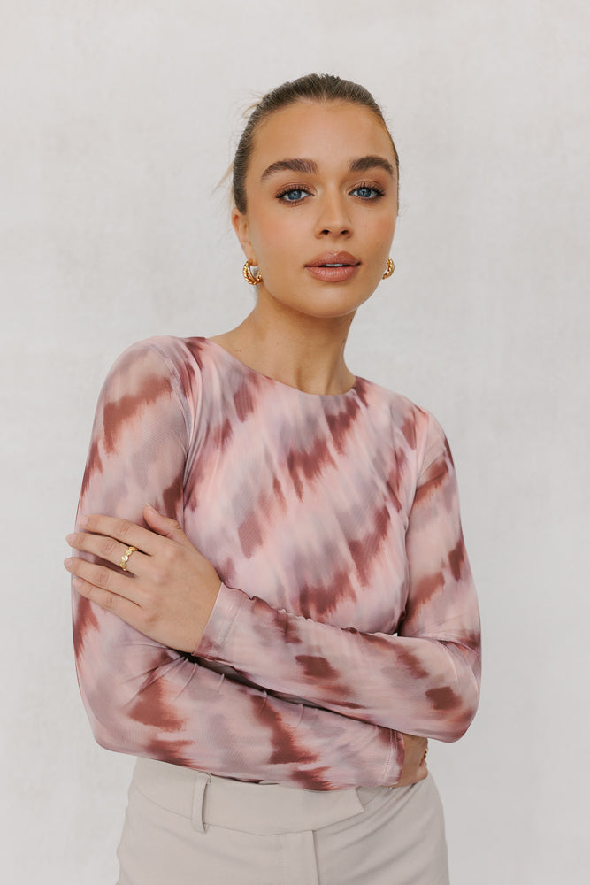 Genevieve Long-sleeve Top - Berry Watercolour Mesh