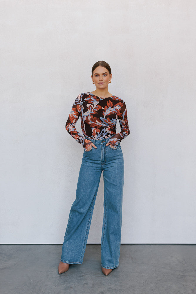 Genevieve Long Sleeve Top Brown Floral