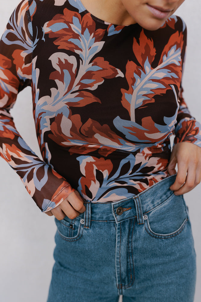 Genevieve Long Sleeve Top Brown Floral