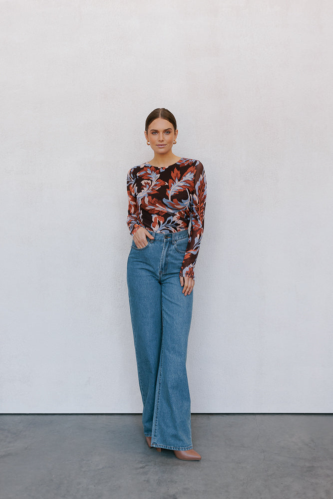 Genevieve Long Sleeve Top Brown Floral