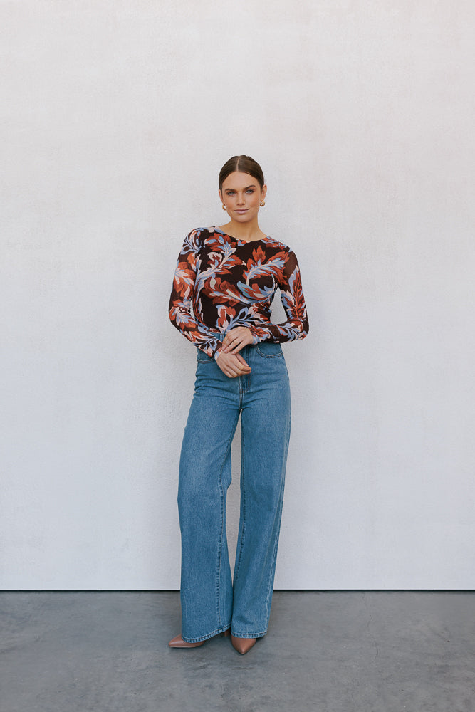 Genevieve Top - Brown/Blue Floral