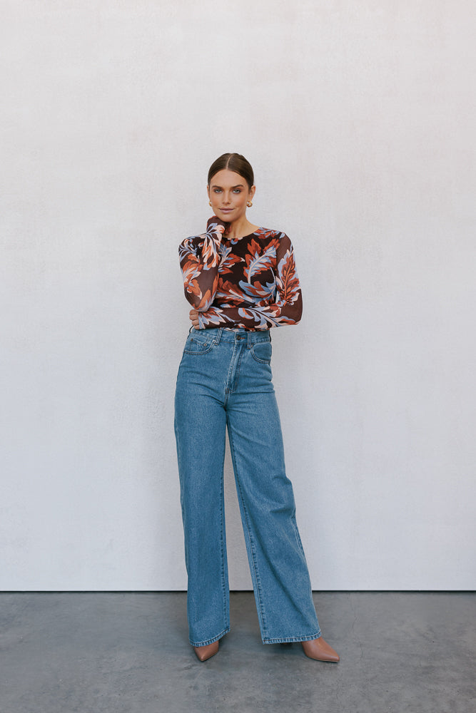 Genevieve Long-sleeve Top - Brown/Blue Floral Mesh