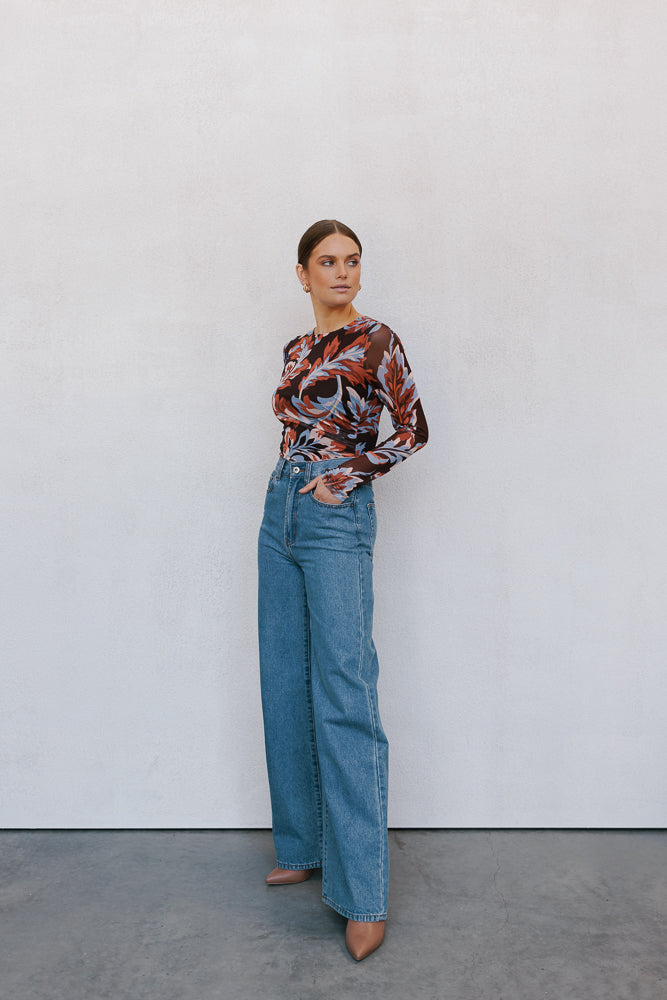 Genevieve Long Sleeve Top Brown Floral