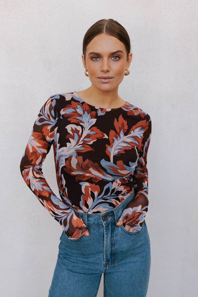 Genevieve Long Sleeve Top Brown Floral