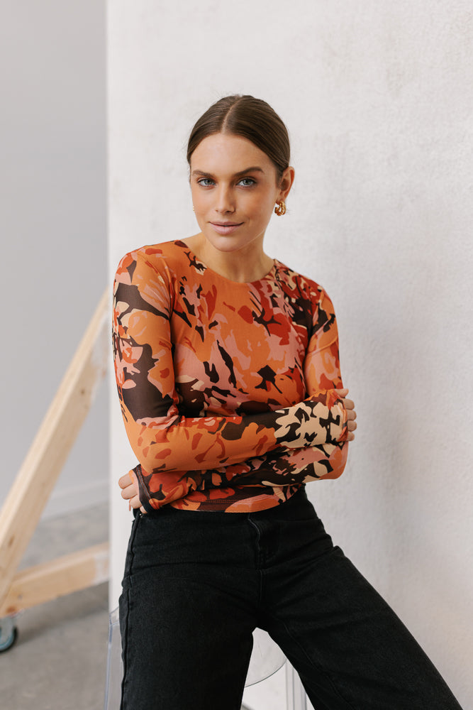 Genevieve Long-sleeve Top - Autumn Floral Mesh