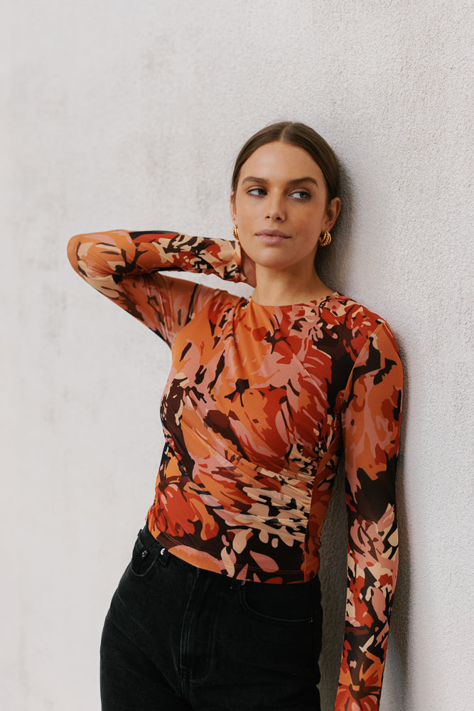 Genevieve Long-sleeve Top - Autumn Floral Mesh