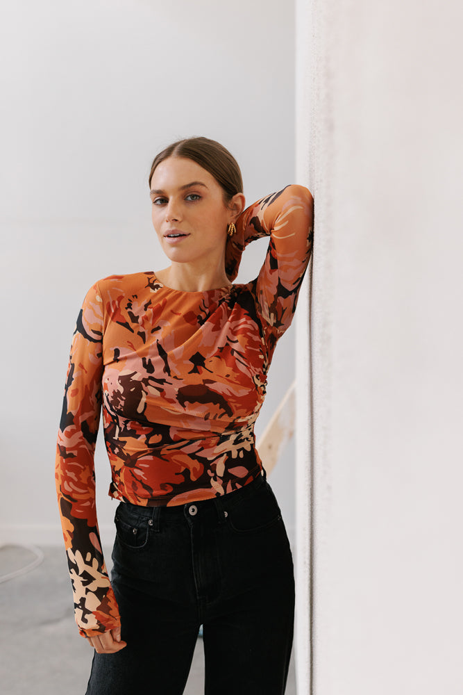 Genevieve Long-sleeve Top - Autumn Floral Mesh