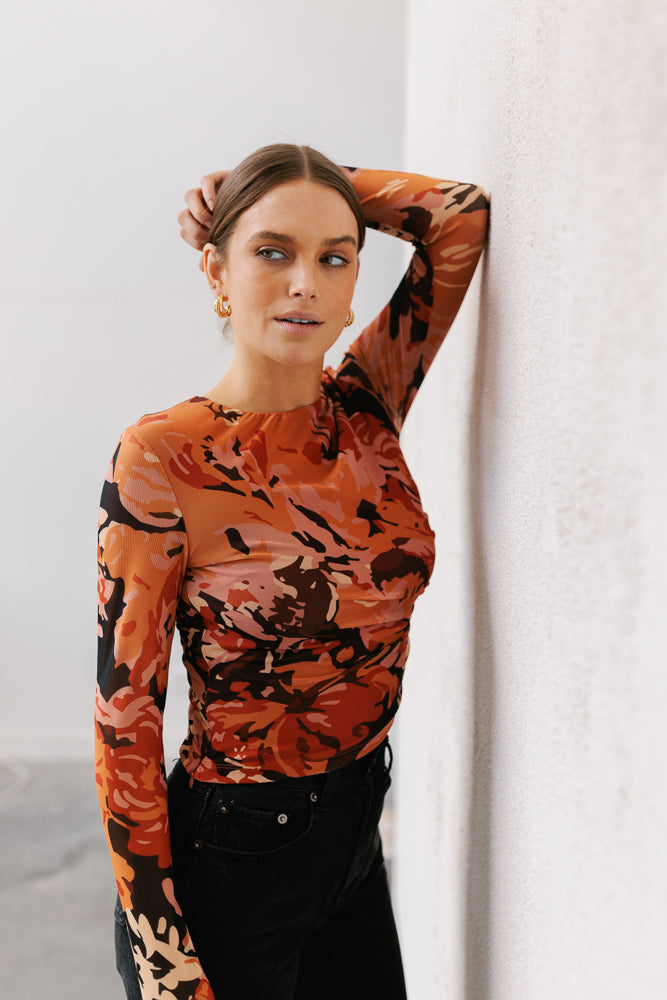Genevieve Long-sleeve Top - Autumn Floral Mesh
