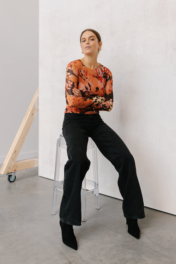 Genevieve Long-sleeve Top - Autumn Floral Mesh