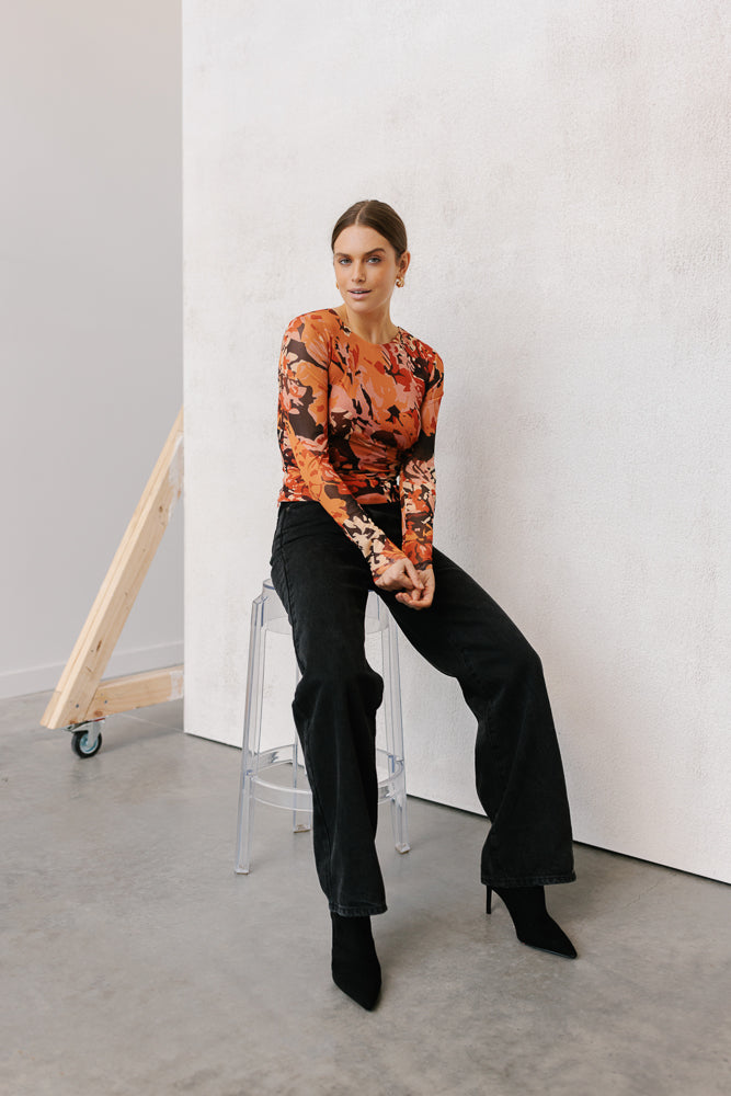 Genevieve Long-sleeve Top - Autumn Floral Mesh