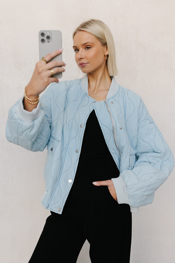 Qassie Quilted Bomber Jacket - Washed Light Denim