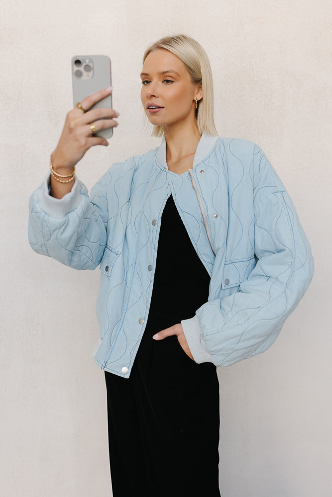 Qassie Quilted Bomber Jacket - Washed Light Denim