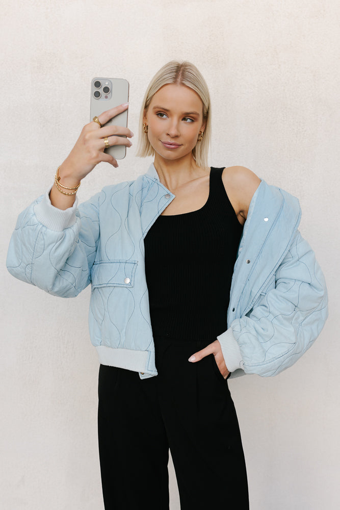 Qassie Quilted Bomber Jacket - Washed Light Denim