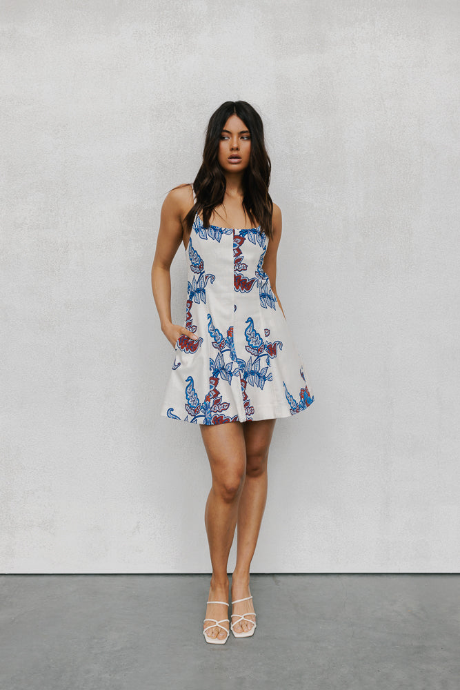 Haree Mini Dress - Cream/Blue Paisley Print
