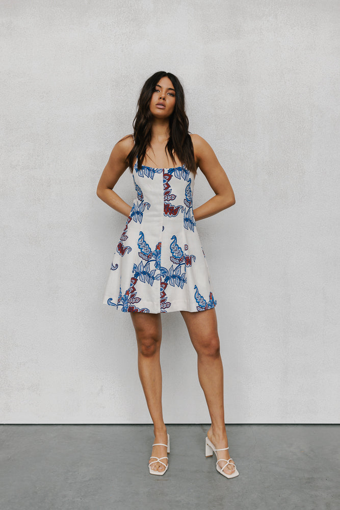 Haree Mini Dress - Cream/Blue Paisley Print