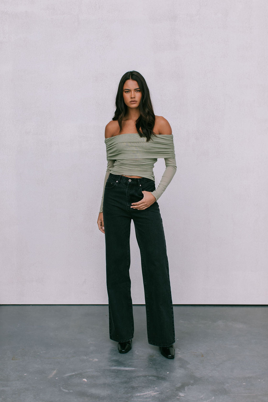 Plyrie Off-the-shoulder Top - Khaki Mesh