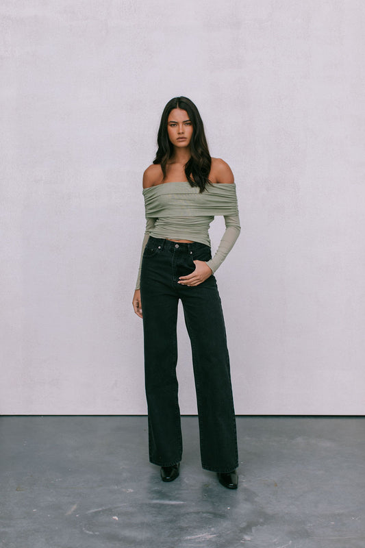 Plyrie Off-the-shoulder Top - Khaki Mesh