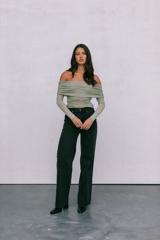 Plyrie Off-the-shoulder Top - Khaki Mesh
