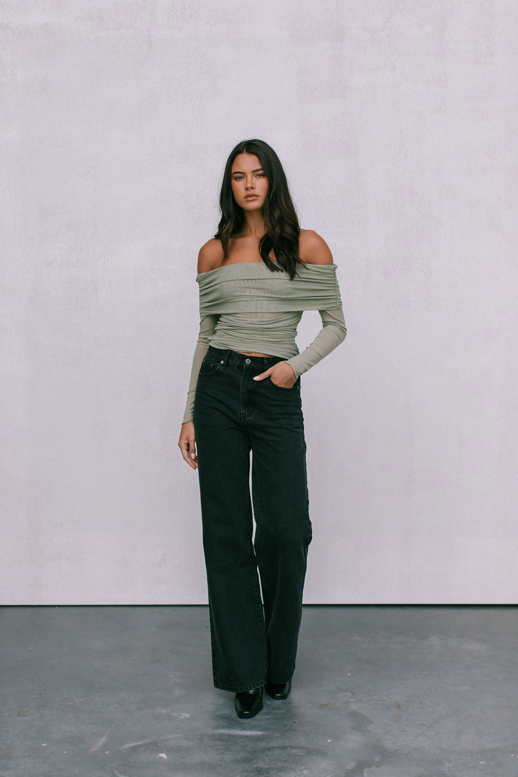 Plyrie Off-the-shoulder Top - Khaki Mesh