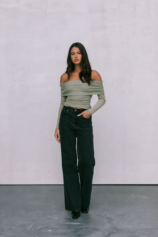Plyrie Off-the-shoulder Top - Khaki Mesh