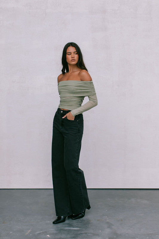Plyrie Off-the-shoulder Top - Khaki Mesh