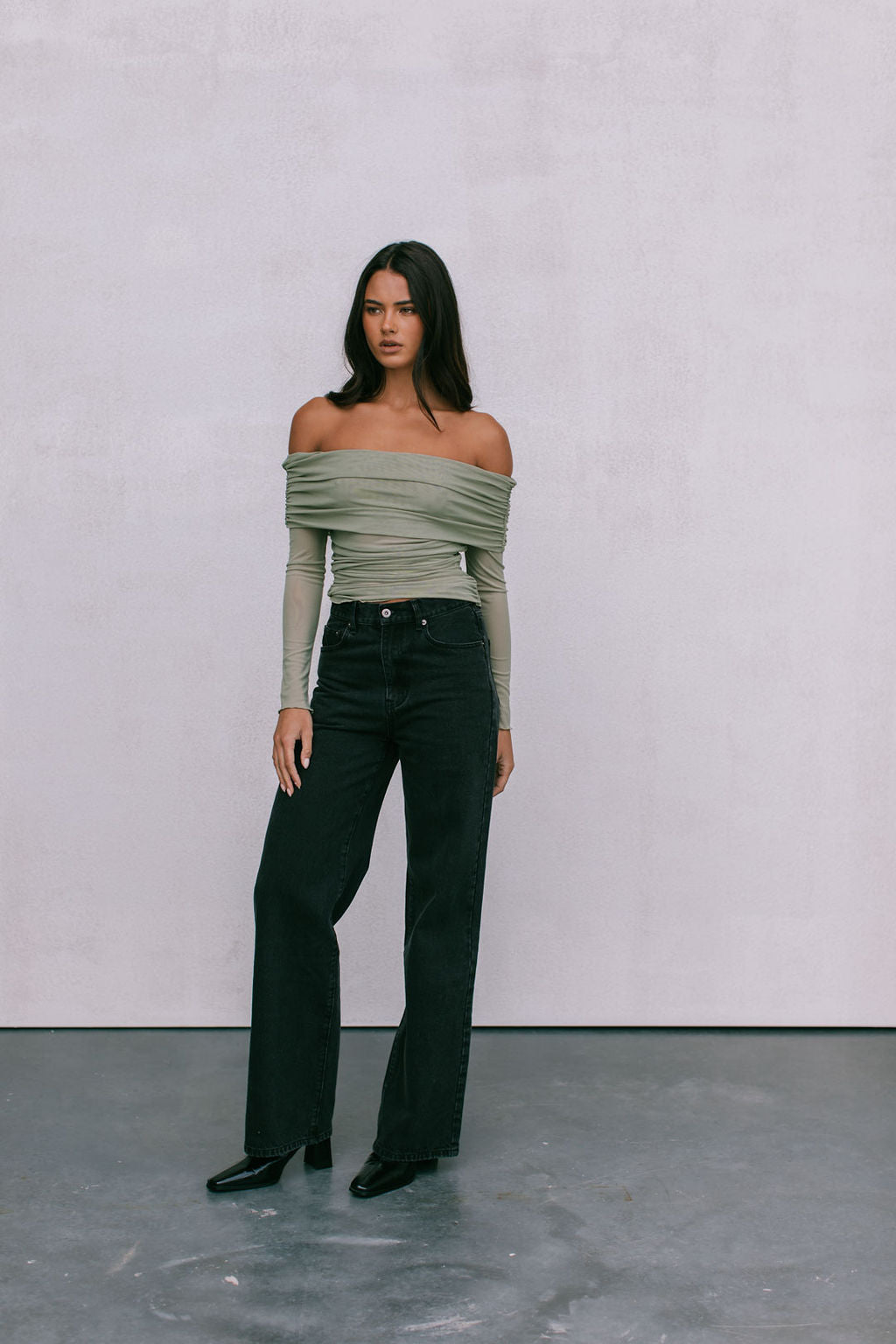 Plyrie Off-the-shoulder Top - Khaki Mesh