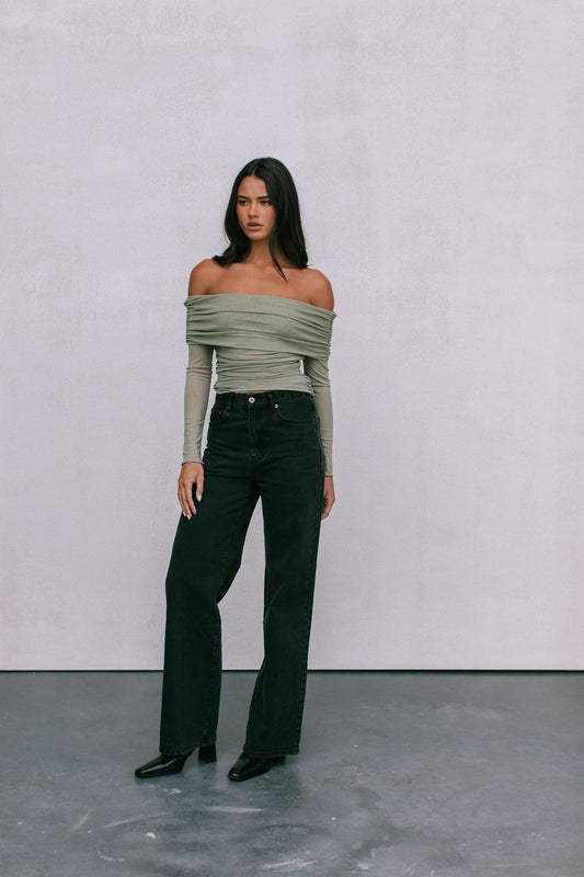 Plyrie Off-the-shoulder Top - Khaki Mesh