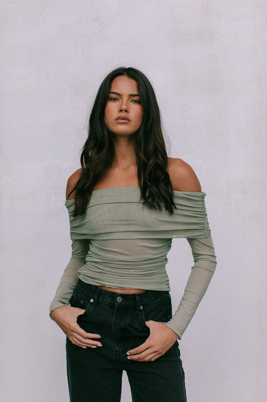 Plyrie Off-the-shoulder Top - Khaki Mesh