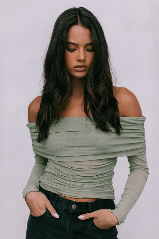 Plyrie Off-the-shoulder Top - Khaki Mesh