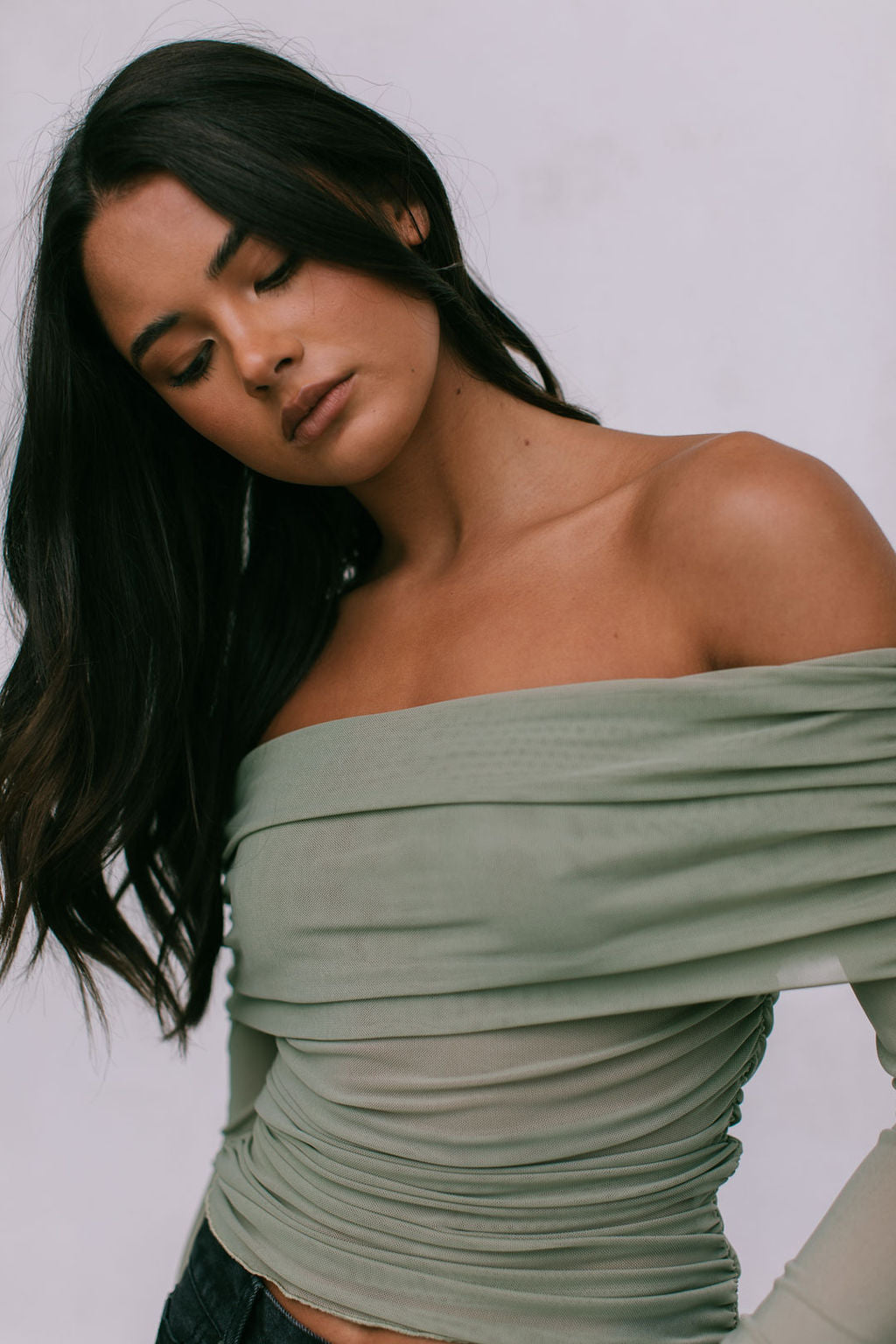 Plyrie Off-the-shoulder Top - Khaki Mesh