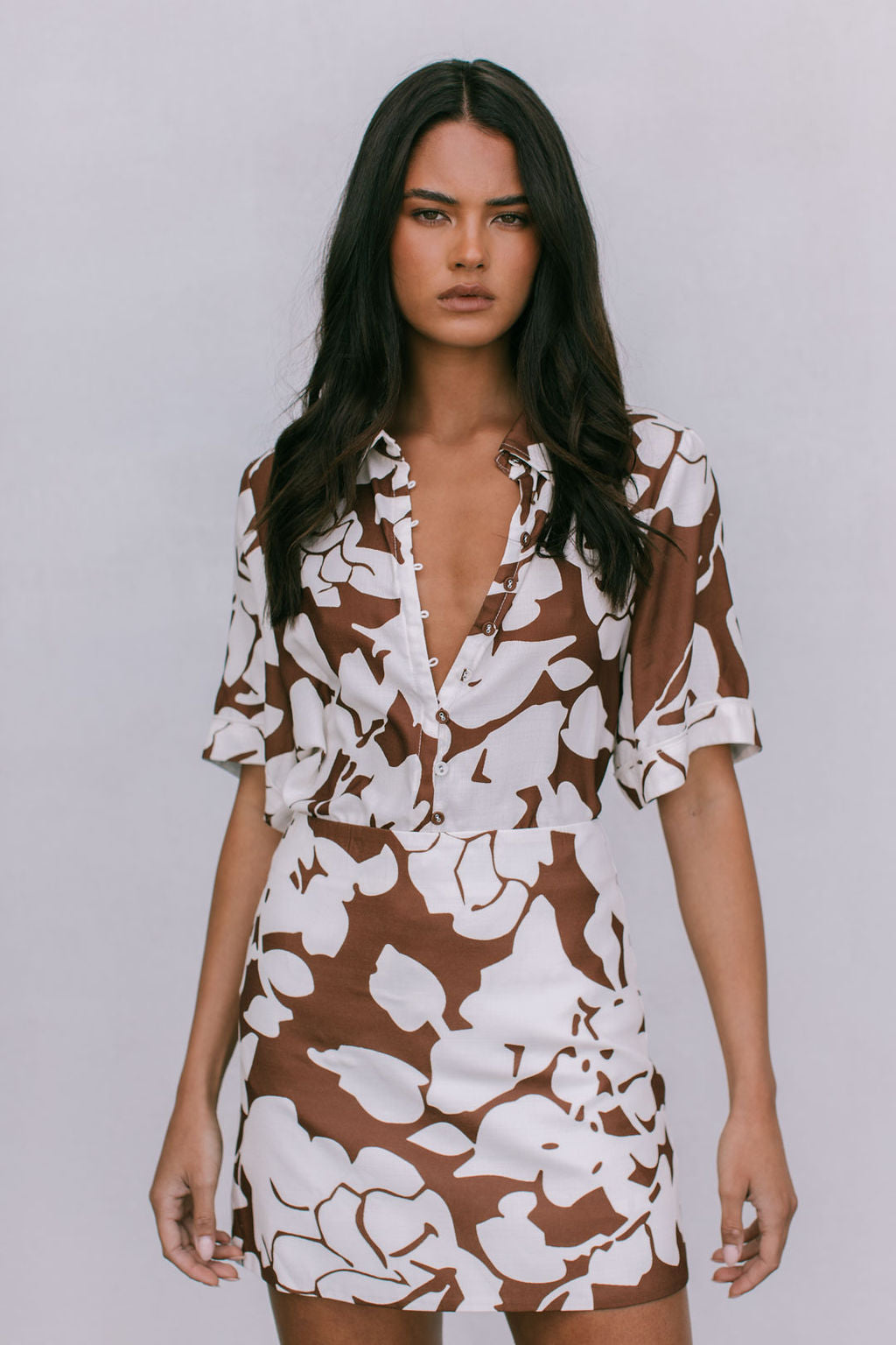 COMING SOON - Valletta Mini Skirt - Chocolate Brown/Cream Floral Print