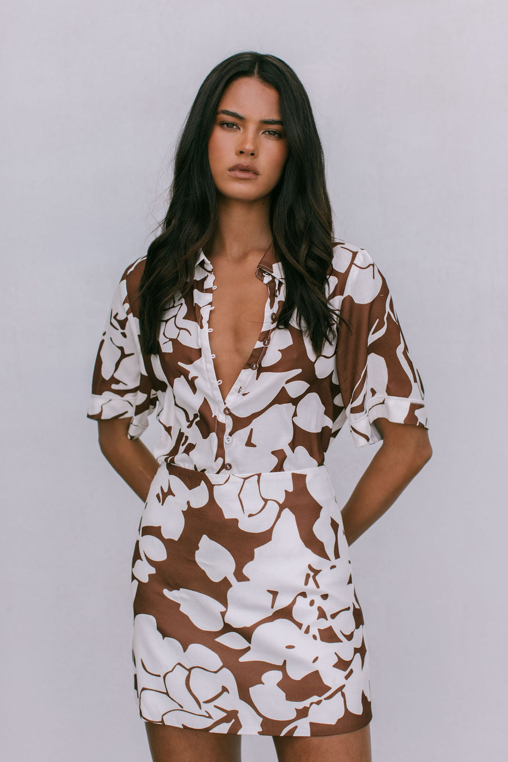 COMING SOON - Valletta Mini Skirt - Chocolate Brown/Cream Floral Print