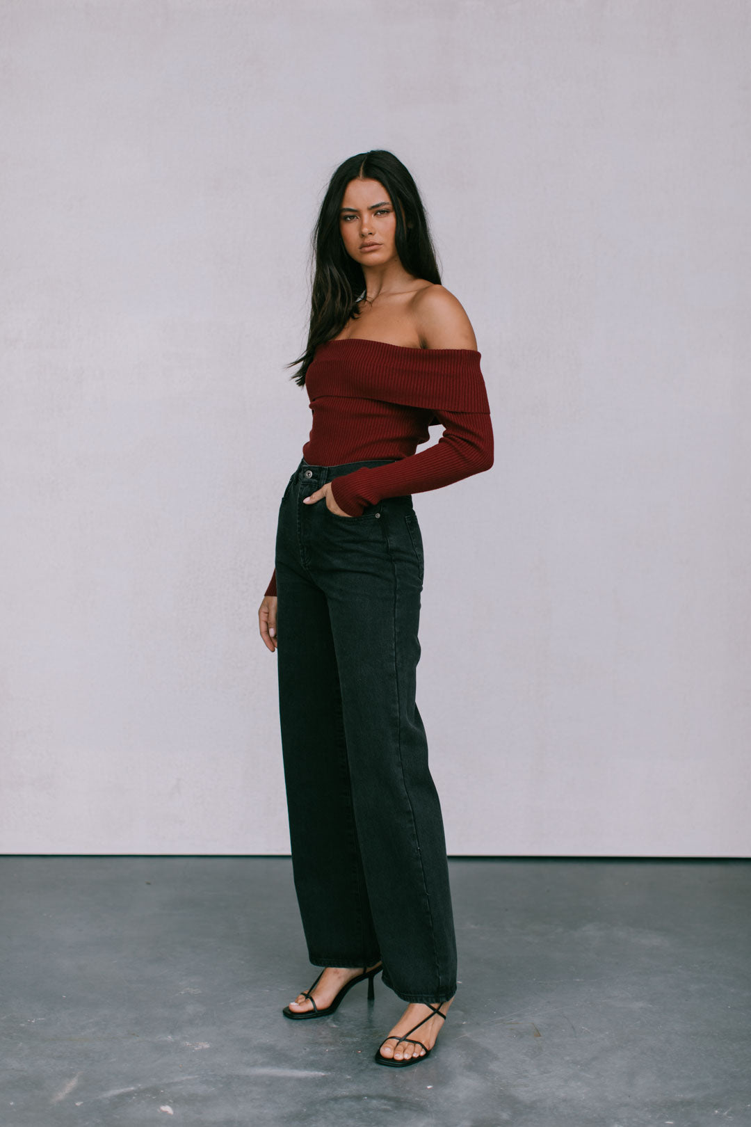 Kahlea Off-Shoulder Bodysuit - Burgandy Knit