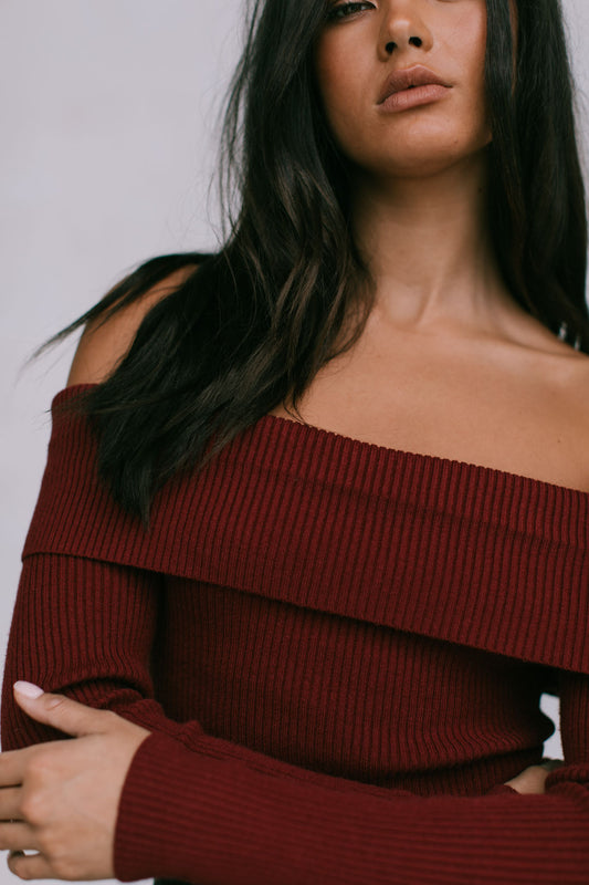 Kahlea Off-Shoulder Bodysuit - Burgandy Knit