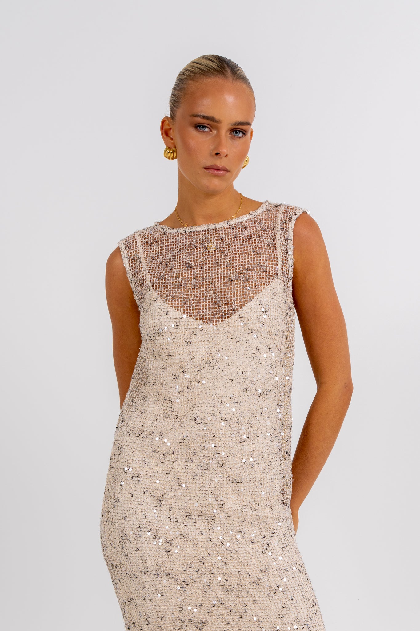 Zelia Sequin Maxi Dress Beige