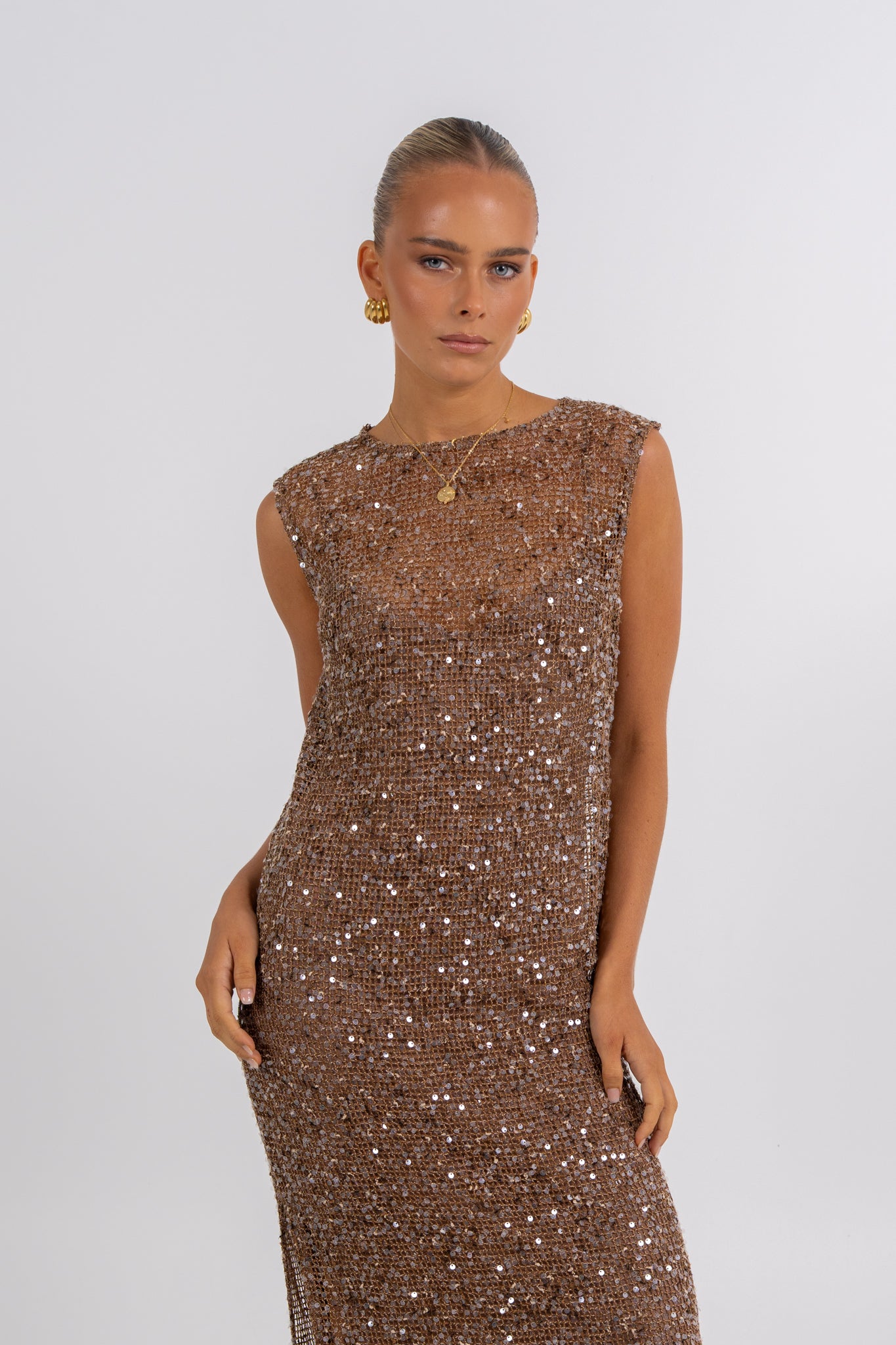 Zelia Sequin Maxi Dress Chocolate
