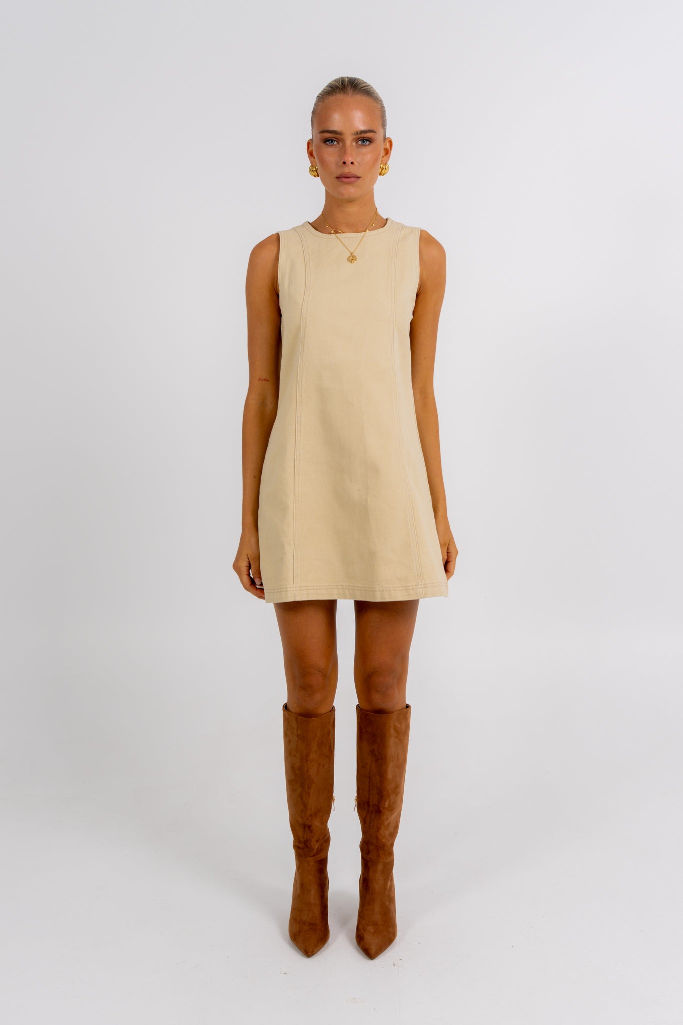 tan denim dress Blaire Mini Denim Dress