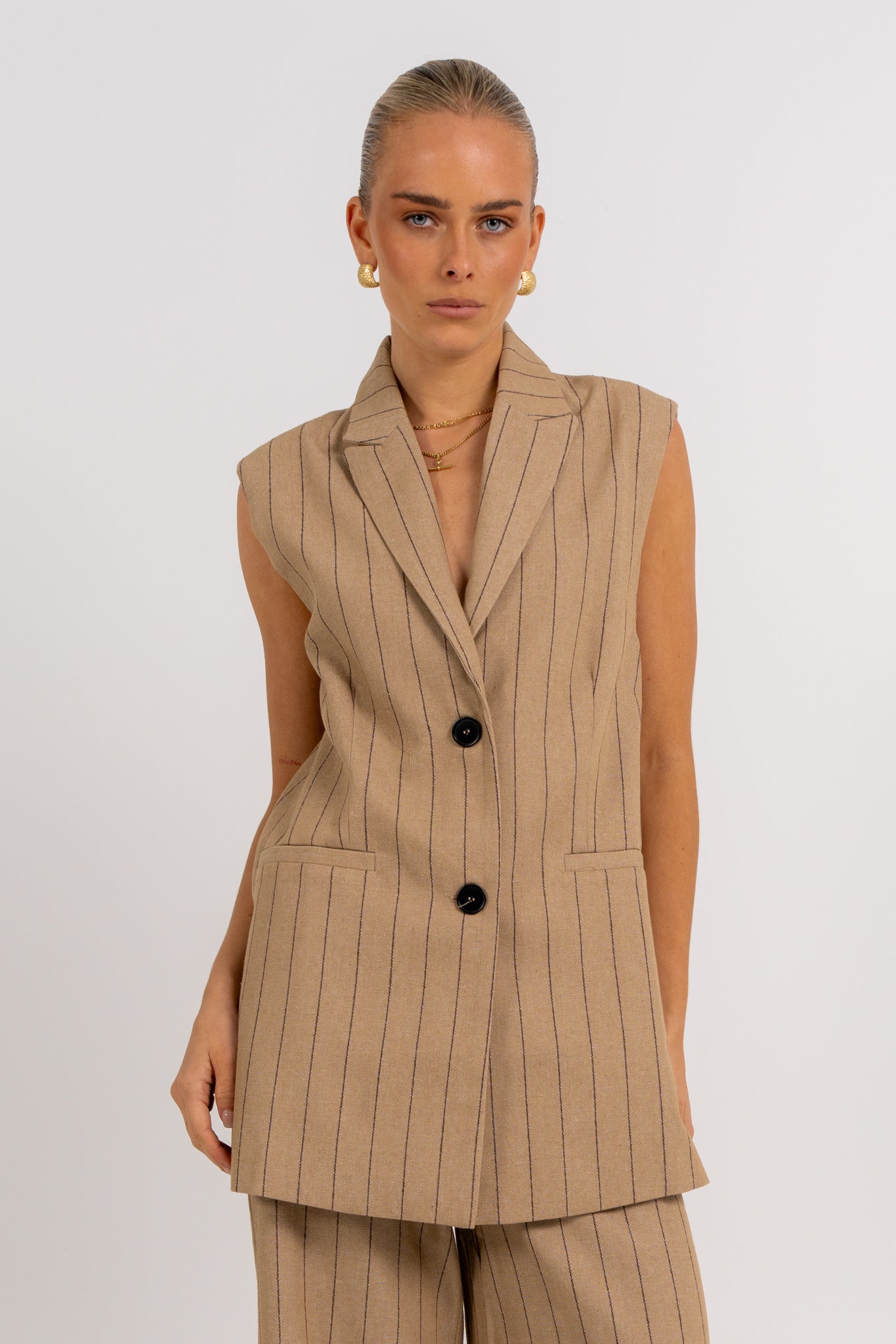 Josie Blazer Vest Beige Pinstripe