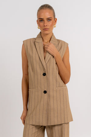 Josie Blazer Vest Beige Pinstripe