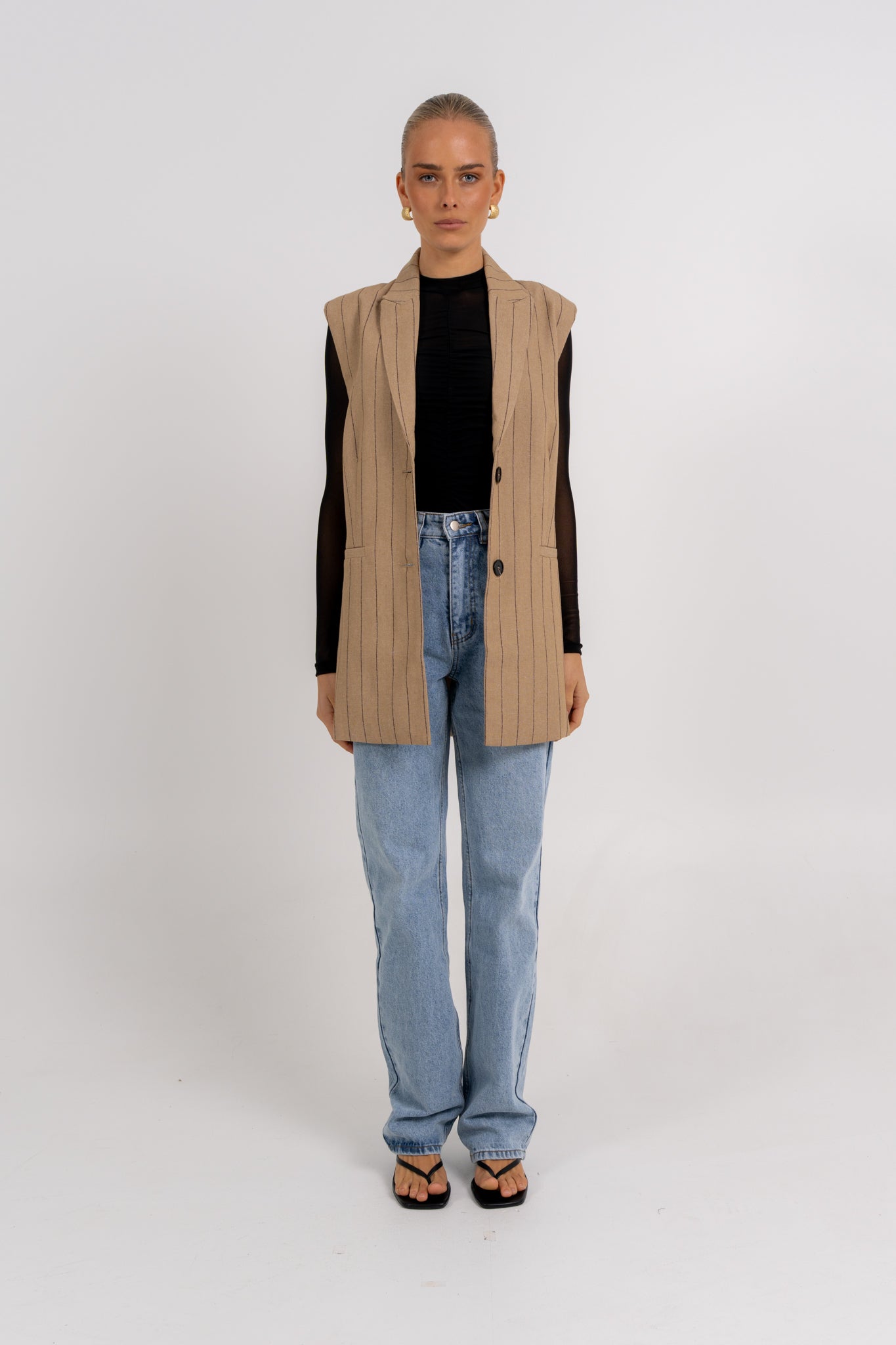 Josie Blazer Vest Beige Pinstripe