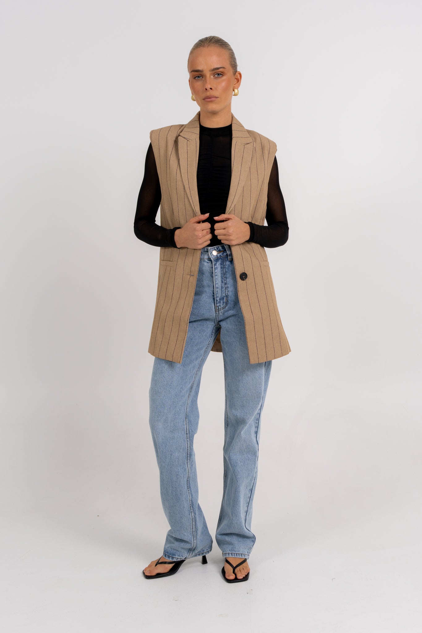 Josie Blazer Vest Beige Pinstripe