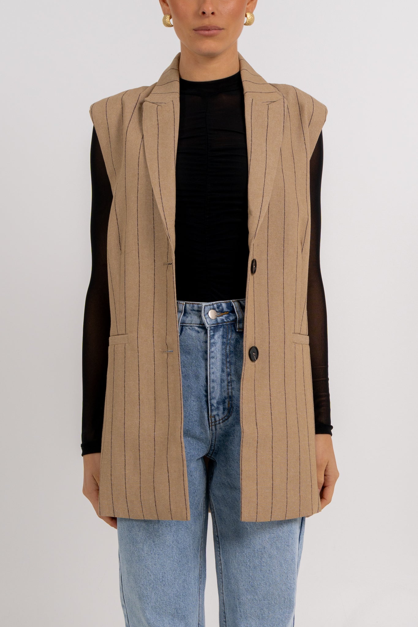 Josie Blazer Vest Beige Pinstripe