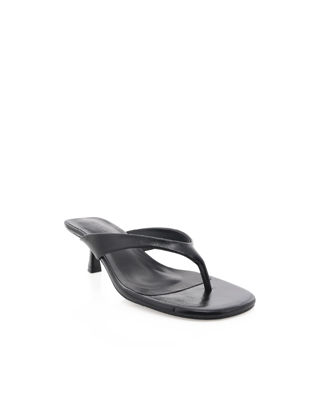 A pair of black stiletto thong sandals with straps.