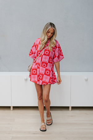 Leah Playsuit - Pink/Red Palm Print