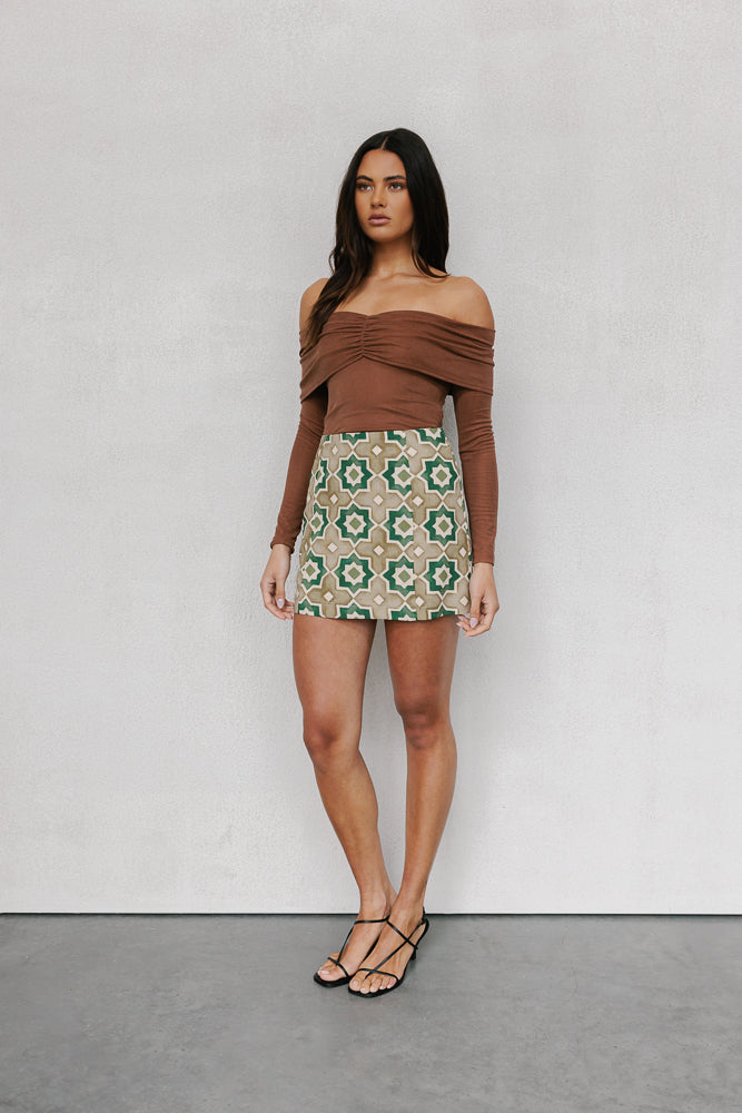 Aprire Mini Skirt - Khaki Tile Print
