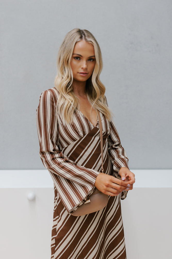 Queenie Dress - Beige/Brown Stripe