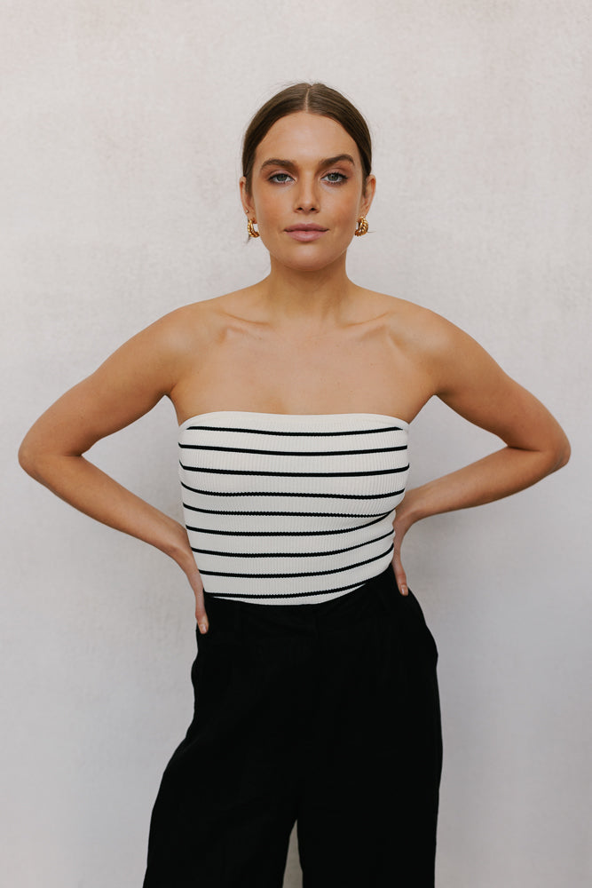 Raena Strapless Top - Ivory/Black Stripe
