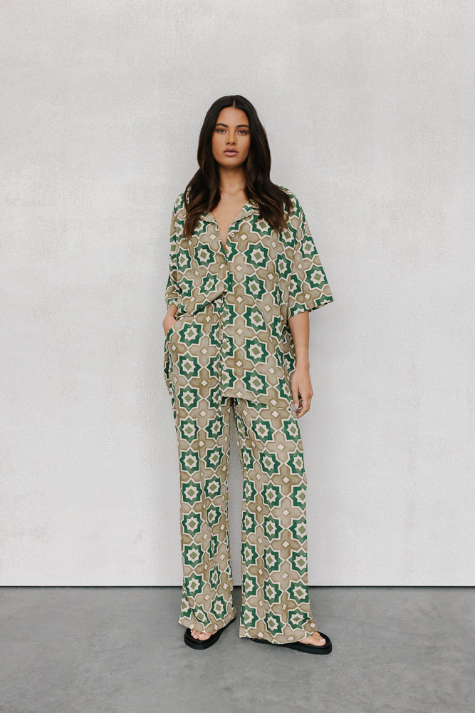 Rosalie Oversized Shirt - Khaki Tile Print